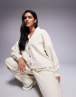 Kaiia embroidered logo button down seam detail sweat cardigan co-ord in beige