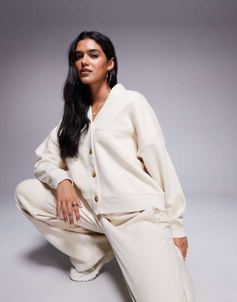 Kaiia embroidered logo button down seam detail sweat cardigan co-ord in beige - view 1