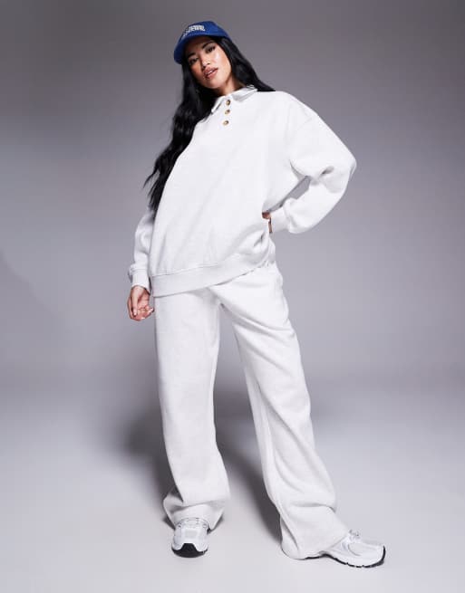 Kaiia embroidered logo button down wide leg joggers co-ord in light grey marl