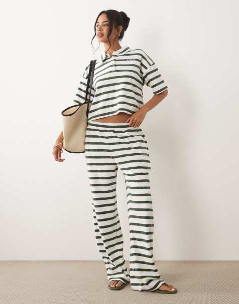 Kaiia embroidered logo collared towelling polo top and joggers co-ord in green and white stripe - view 1