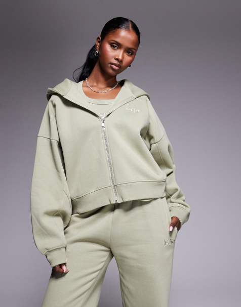 Kaiia embroidered logo cropped zip through seam detail hoodie co-ord in light olive - view 1