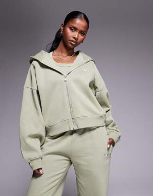 Kaiia Embroidered Logo Cropped Zip Through Seam Detail Hoodie In Gray