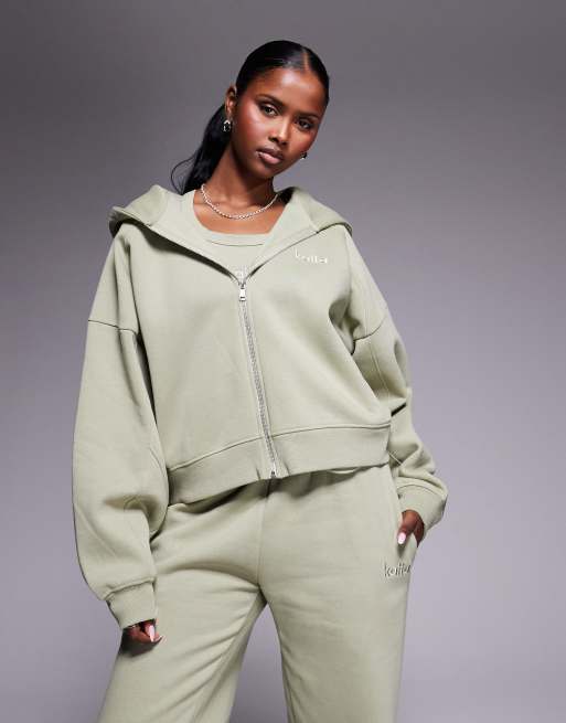 Kaiia embroidered logo cropped zip through seam detail hoodie in light olive (part of a set)