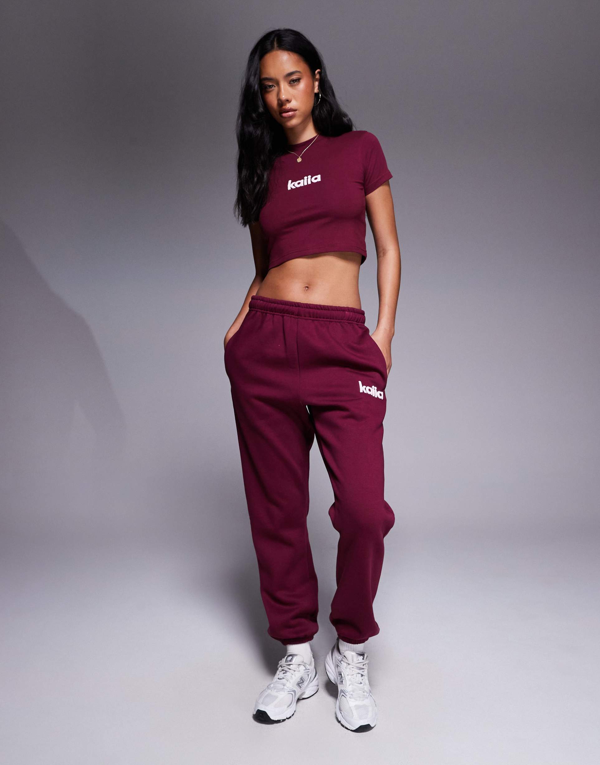 kaiia embroidered logo cuffed sweatpants in burgundy and pink - part of a set