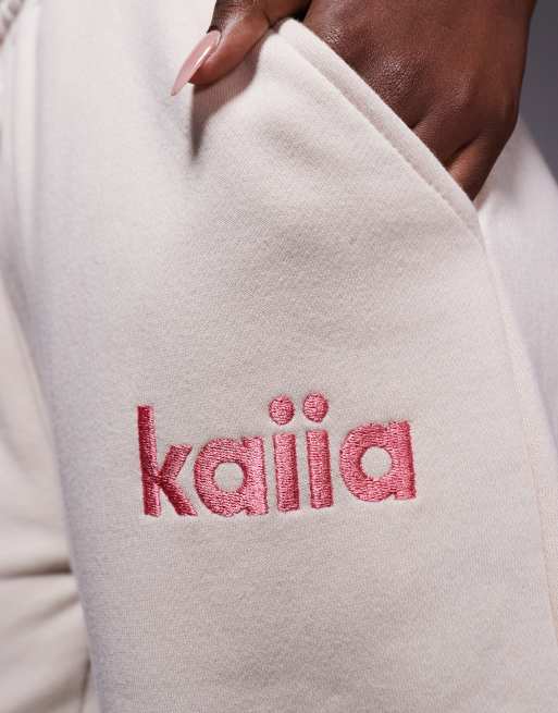 Kaiia embroidered logo detail wide leg joggers co-ord in cream, 3 of 5