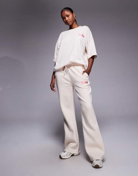Kaiia embroidered logo detail wide leg sweatpants in cream - part of a set - view 1