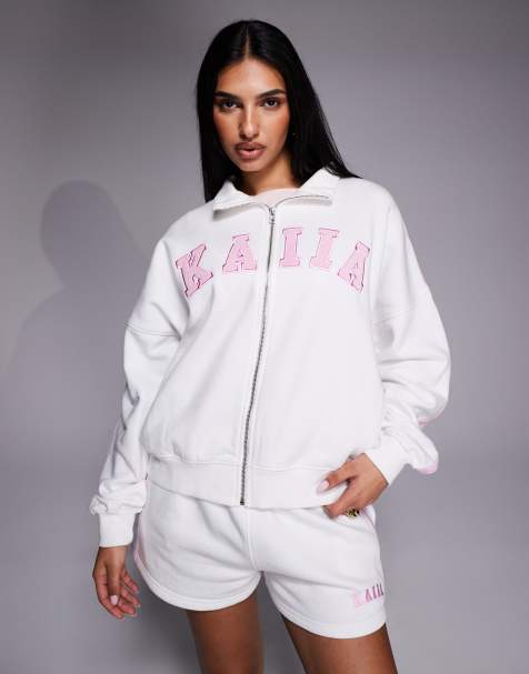 Kaiia embroidered logo funnel neck zip through sweatshirt co-ord in white and pink - view 1