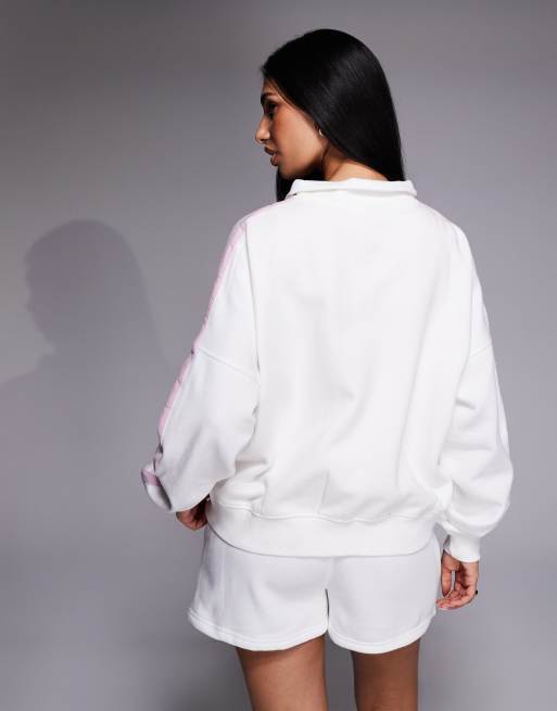 Kaiia embroidered logo funnel neck zip through sweatshirt co-ord in white and pink, 4 of 4