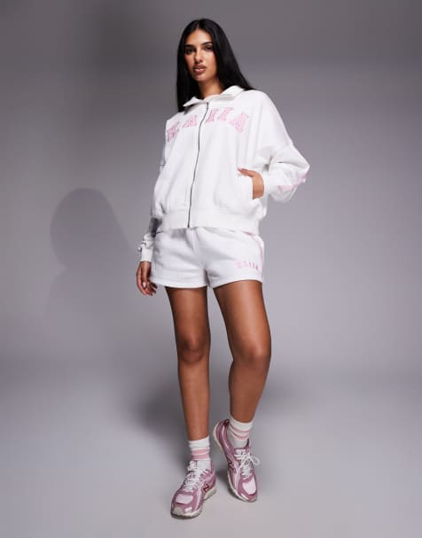 Kaiia embroidered logo funnel neck zip through sweatshirt, shorts and joggers co-ord in white and pink - view 1