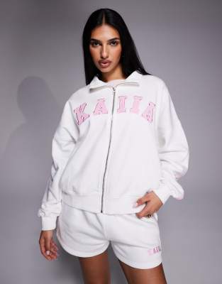 Kaiia Embroidered Logo Funnel Neck Zip Up Sweatshirt In White