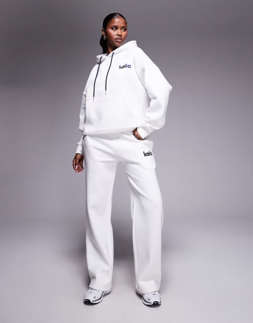 Kaiia embroidered logo hoodie T-shirt and wide leg sweatpants set in white and navy
