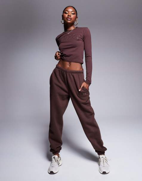 Kaiia embroidered logo long sleeve cropped t-shirt, hoodie and joggers co-ord in chocolate brown - view 1
