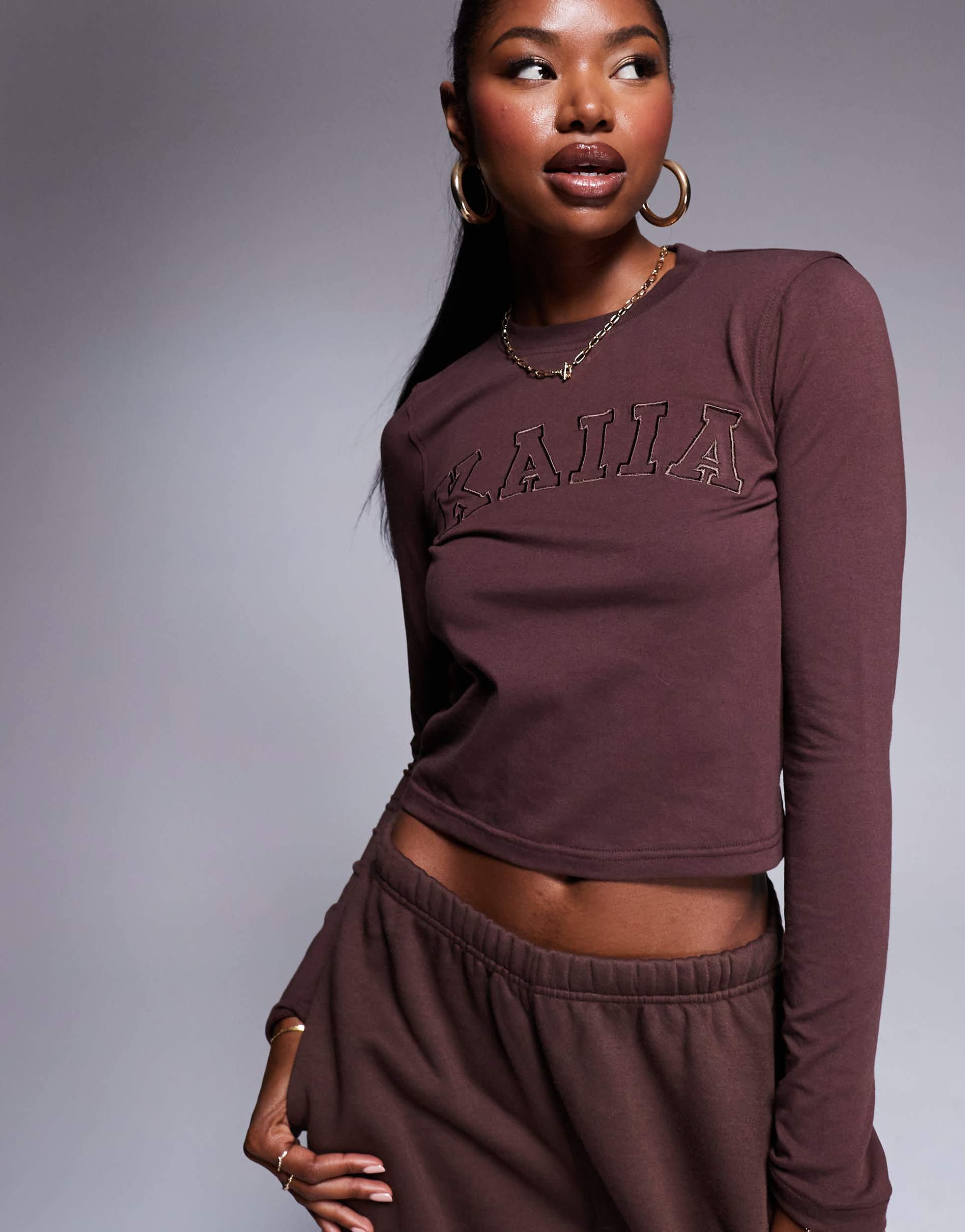 kaiia embroidered logo long sleeve cropped t-shirt in chocolate brown - part of a set
