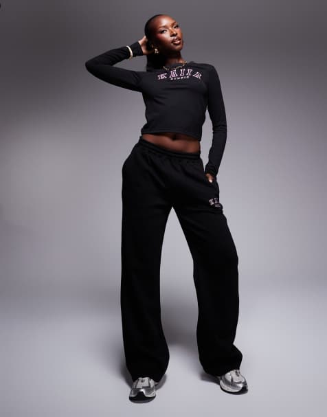 Kaiia embroidered logo long sleeve top, hoodie and jogger co-ord in black and pink - view 1