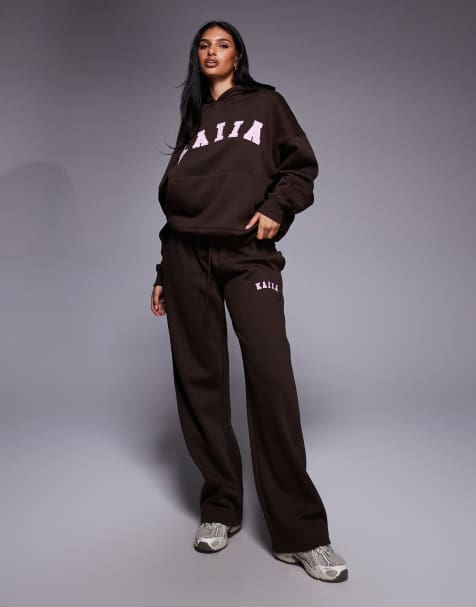 Kaiia embroidered logo oversized hoodie and logo wide leg trackies set in chocolate and pink - view 1
