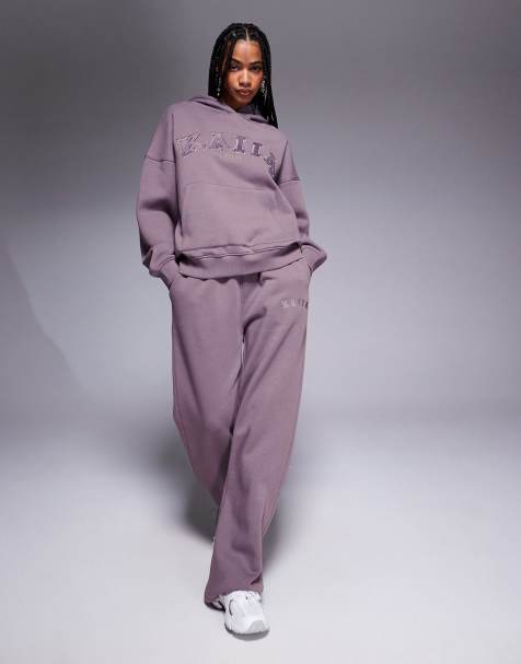 Kaiia embroidered logo oversized hoodie and trackies set in mauve - view 1