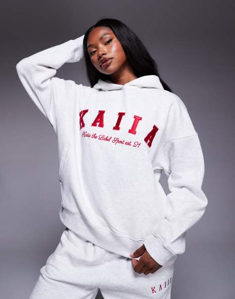Kaiia embroidered logo oversized hoodie co-ord in light grey marl and red - view 1