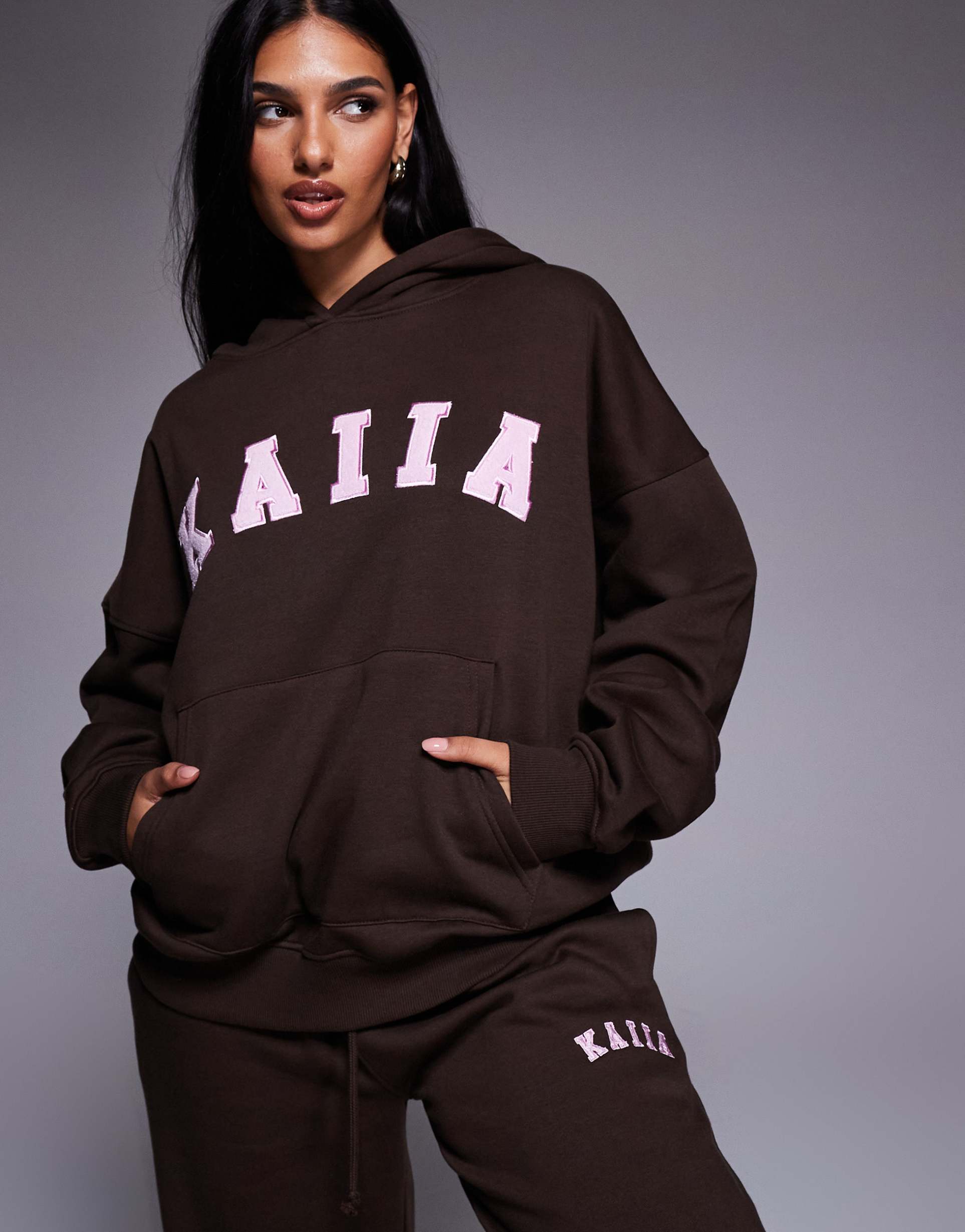 kaiia embroidered logo oversized hoodie in chocolate and pink - part of a set