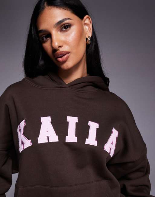 Kaiia embroidered logo oversized hoodie in chocolate and pink - part of a set, 3 of 4