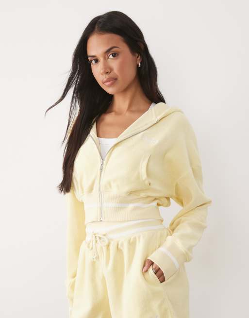 Kaiia embroidered logo oversized zip up side stripe towelling hoodie and shorts co-ord in lemon, 2 of 3