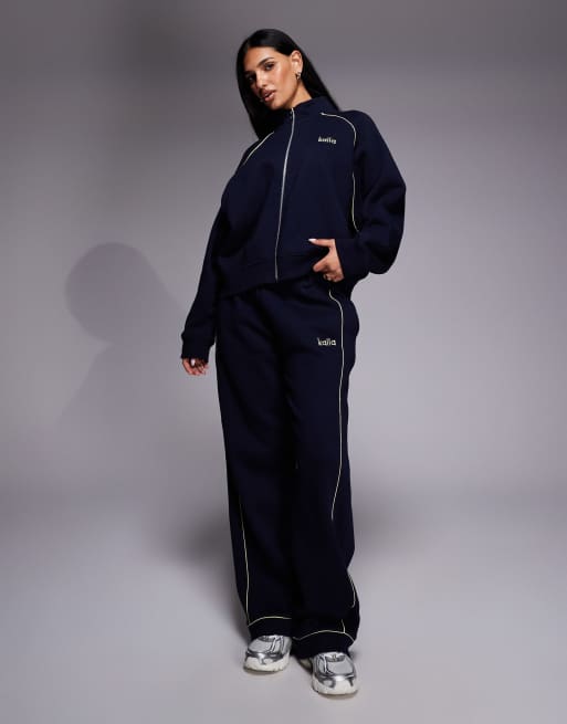 Kaiia embroidered logo oversized zip up sweatshirt co-ord in navy and yellow, 3 of 4