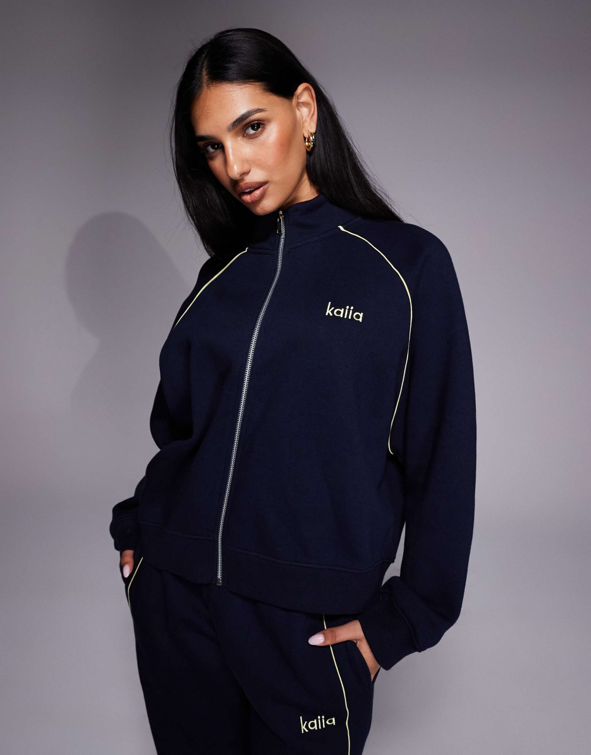 kaiia embroidered logo oversized zip up sweatshirt in navy and yellow - part of a set