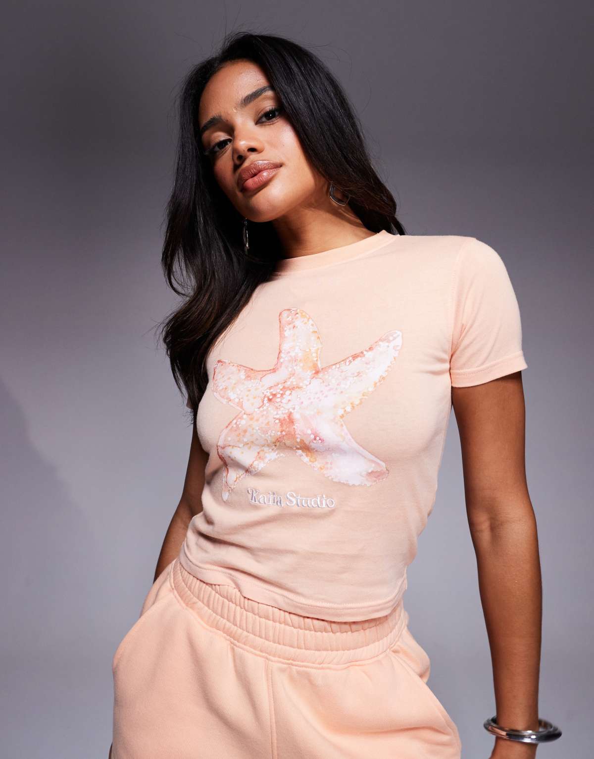 Kaiia embroidered logo starfish graphic cropped fitted t-shirt co-ord in peach