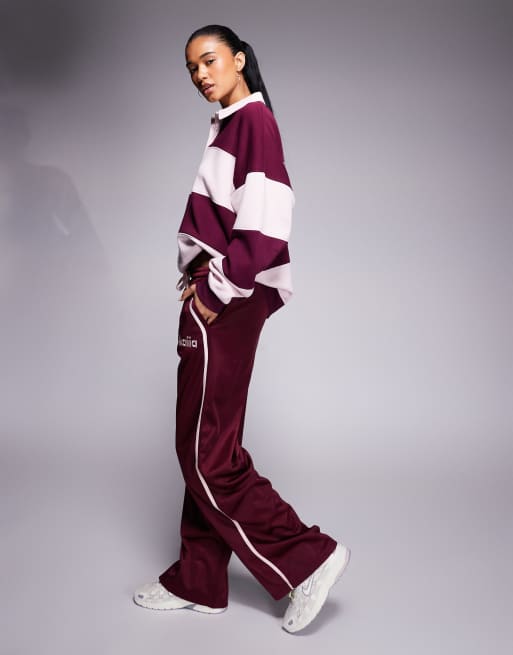 Kaiia embroidered logo stripe wide leg jogger co-ord in burgundy and pink