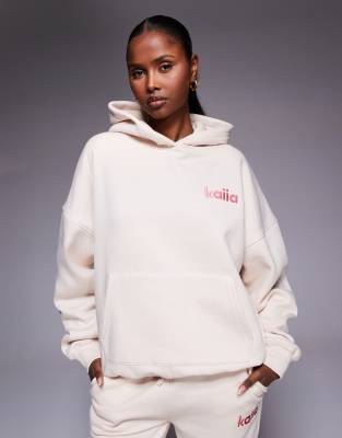 Kaiia Embroidered Logo Sweethearts Sticker Back Graphic Oversized Hoodie In White