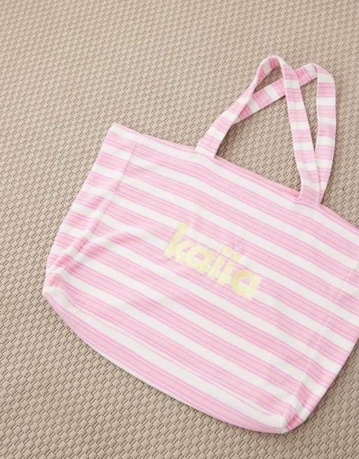 Kaiia embroidered logo towelling tote bag co-ord in pink and white stripe, 4 of 4