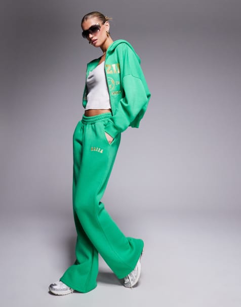 Kaiia embroidered logo wide leg jogger co-ord in green and yellow - view 1