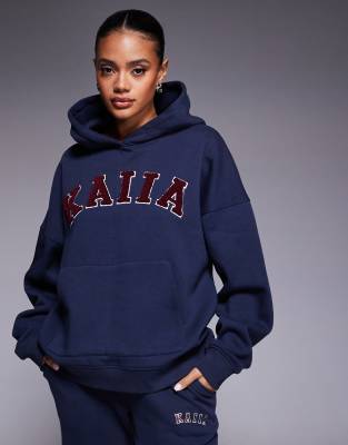 Kaiia embroidered logo wide leg joggers and borg logo oversized hoodie co-ord in navy and red co-ord in navy and red | ASOS