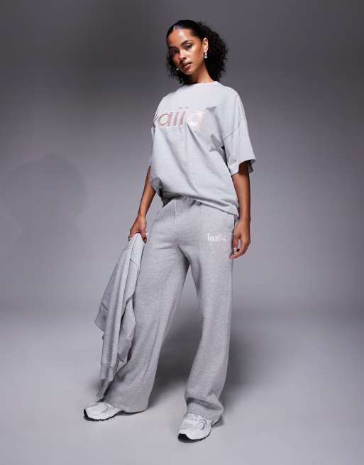 Kaiia embroidered logo wide leg joggers co-ord in light grey and pink  