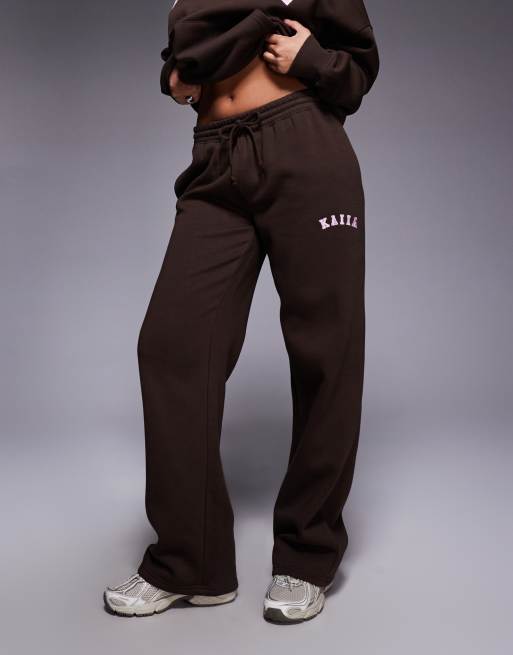 Kaiia embroidered logo wide leg sweatpants in chocolate and pink - part of a set, 2 of 5