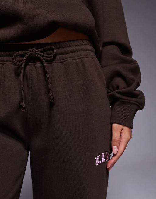 Kaiia embroidered logo wide leg sweatpants in chocolate and pink - part of a set, 5 of 5