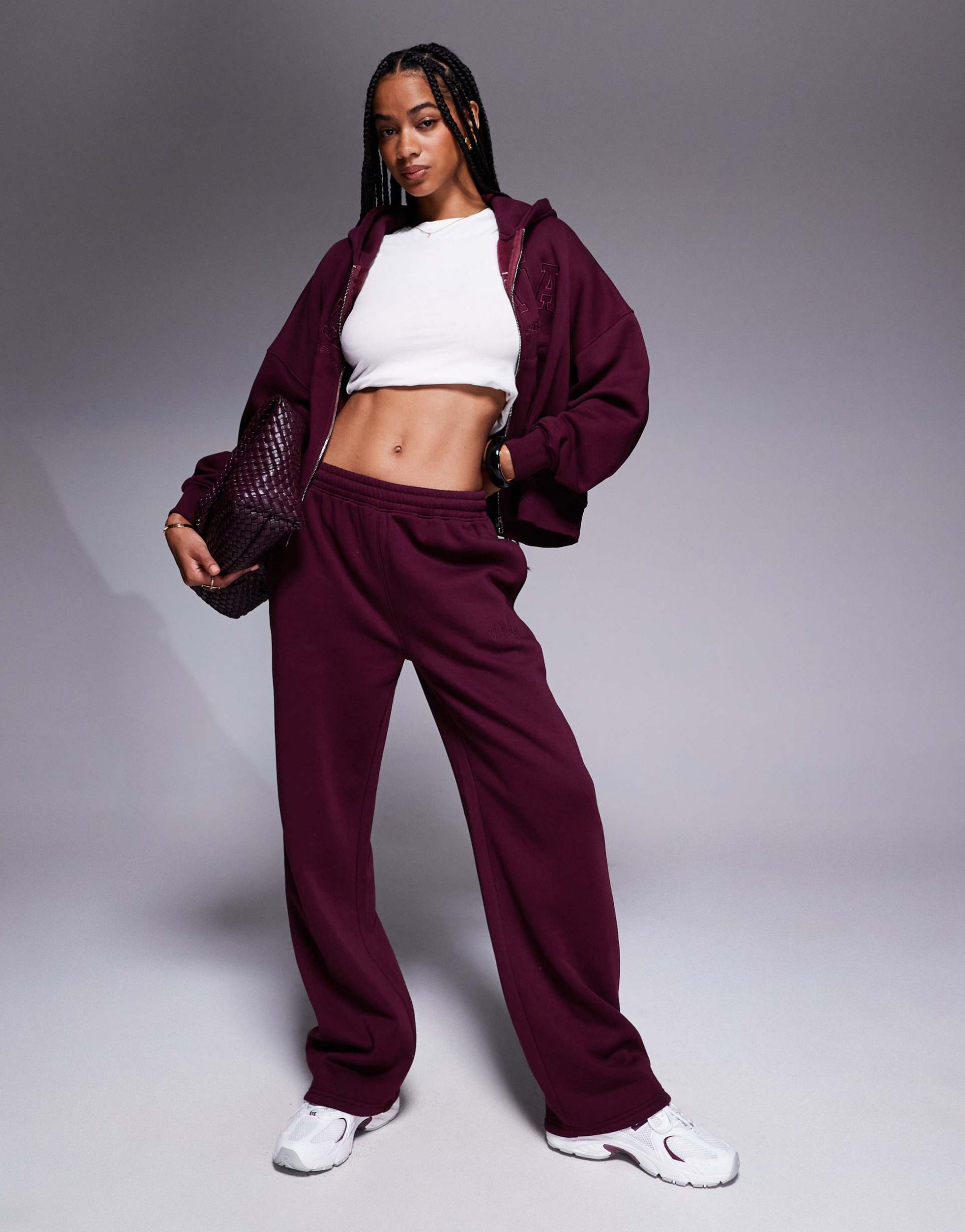 kaiia embroidered logo wide leg sweatpants in dark cherry - part of a set