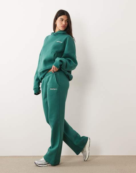 Kaiia embroidered logo wide leg sweatpants in dark green and pink - part of a set - view 1