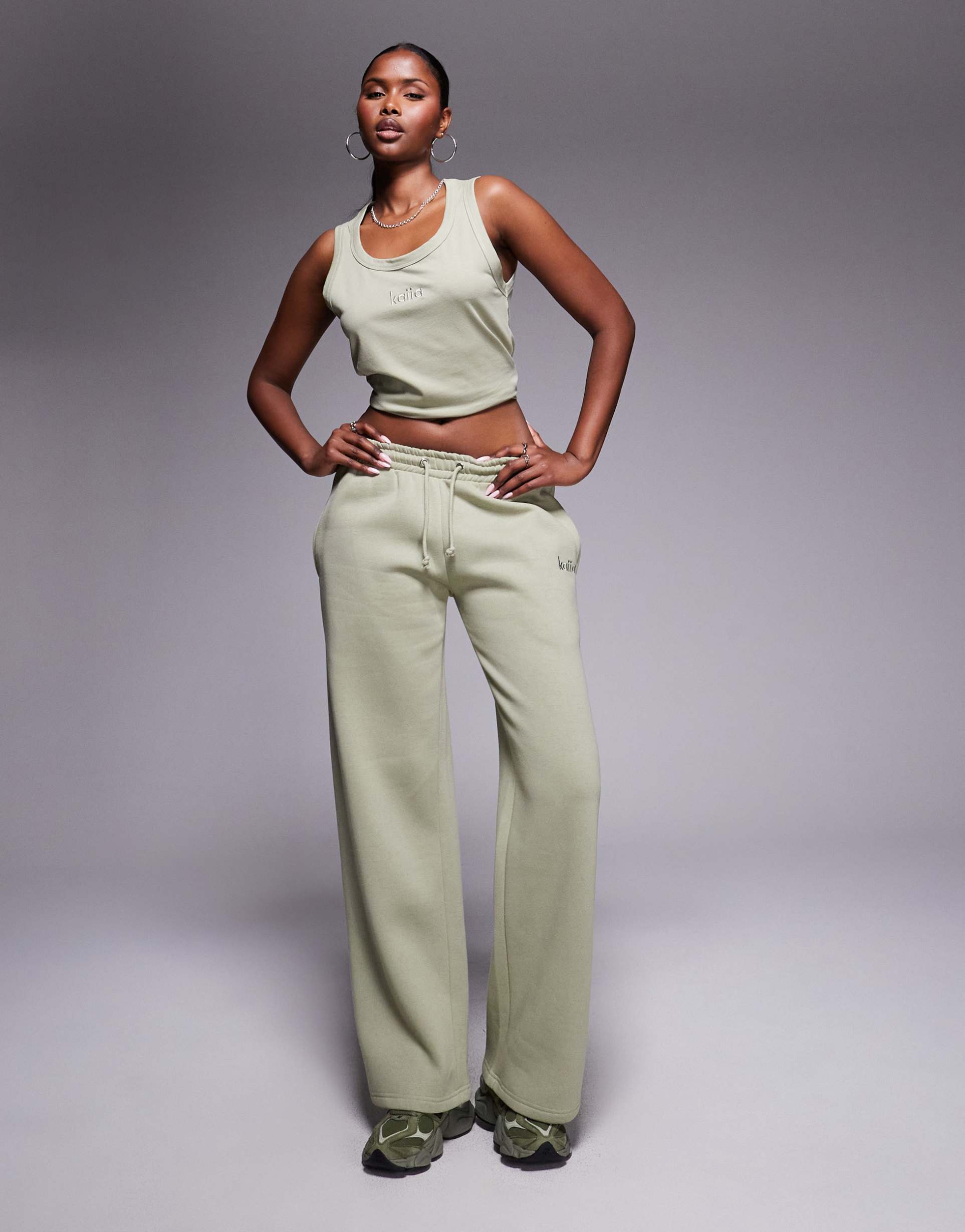 kaiia embroidered logo wide leg sweatpants in light olive - part of a set