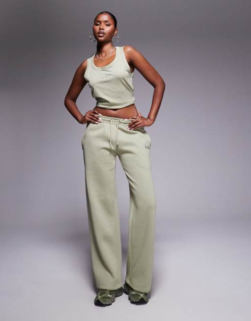 Kaiia embroidered logo wide leg sweatpants in light olive - part of a set