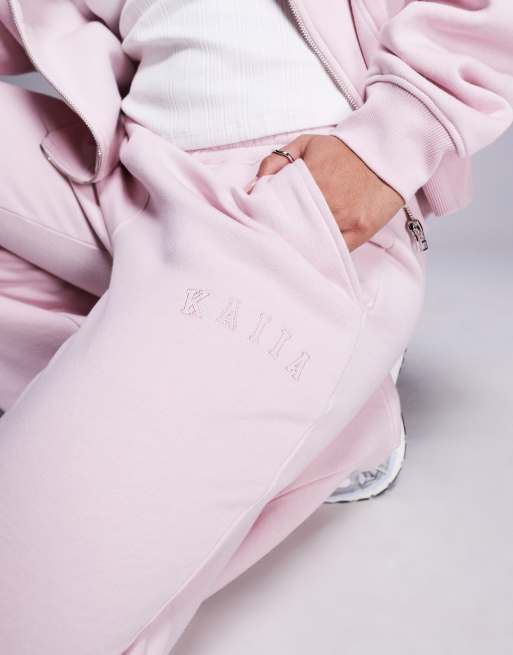 Kaiia embroidered logo wide leg sweatpants in pink chai - part of a set