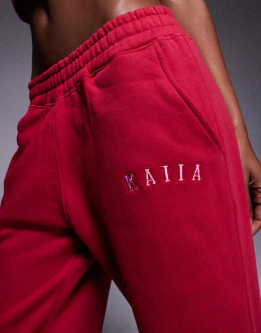 Kaiia embroidered logo wide leg sweatpants in red and pink - part of a set