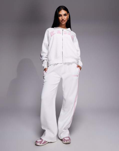 Kaiia embroidered logo wide leg sweatpants in white and pink - part of a set - view 1