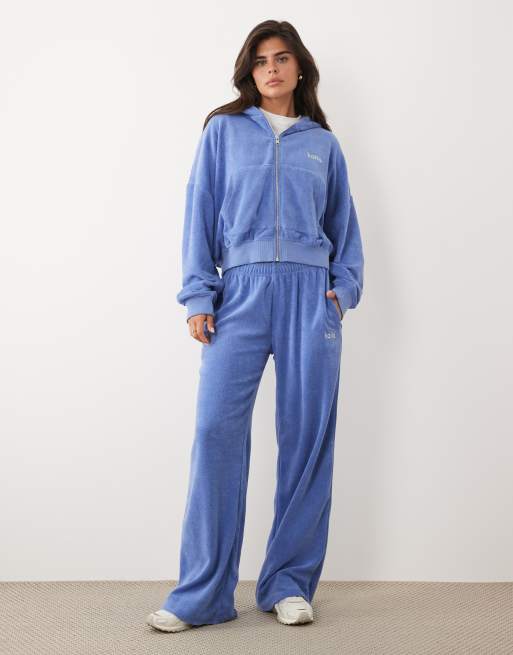 Kaiia embroidered logo wide leg towelling oversized zip up  hoodie and joggers co-ord in cornflower blue, 1 of 3