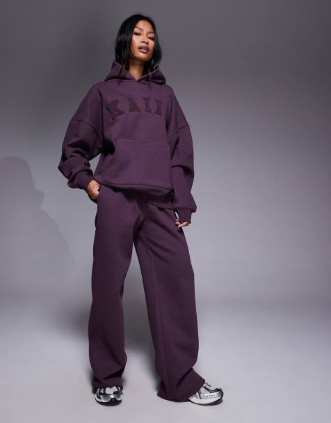 Kaiia embroidered logo wide leg trackies and oversized hoodie set in deep purple - view 1