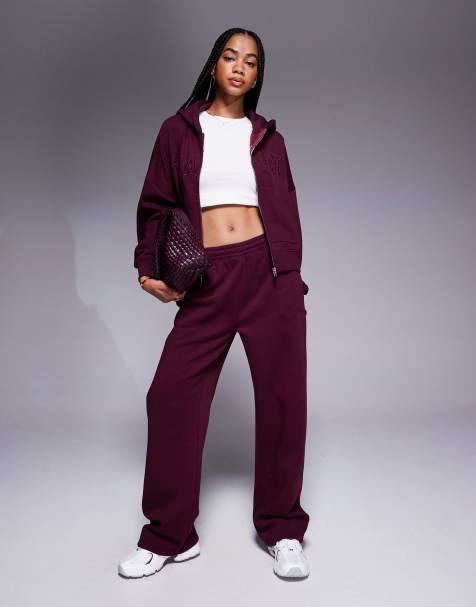 Kaiia embroidered logo zip through hoodie and wide leg joggers co-ord in dark cherry - view 1