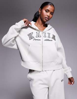 Kaiia Embroidered Logo Zip Through Hoodie In White