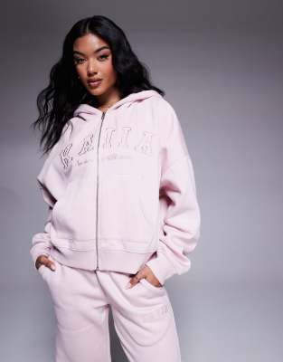 embroidered logo zip through hoodie in pink chai - part of a set