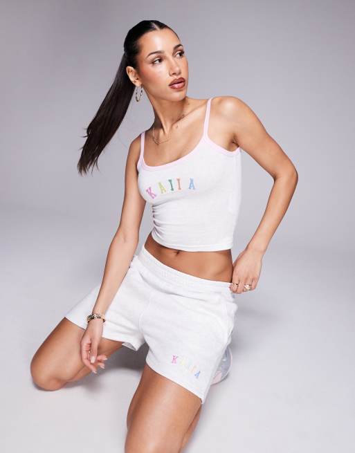 Kaiia embroidered rainbow logo cami crop top in grey marl (part of a set)