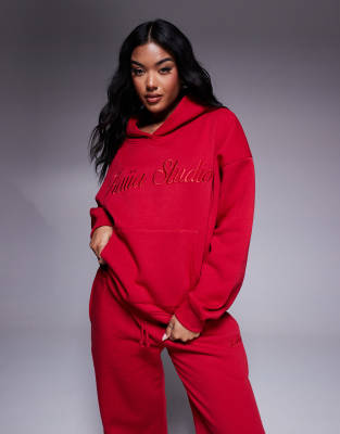 Shop Kaiia Embroidered Script Logo Hoodie In Red