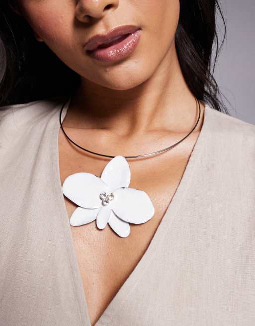 Kaiia enamel orchid flower pendant necklace in white and silver